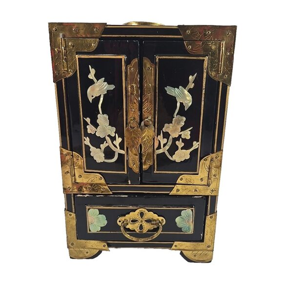 Vintage Asian Lacquer Jewelry Box Chest Brass Mother-of-Pearl Birds Flowers - Picture 1 of 15